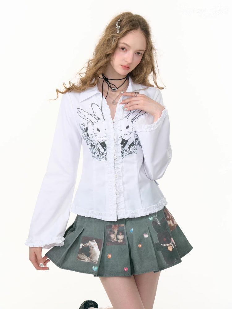 Rabbit Print Slim Long Sleeve Shirt【s0000013787】