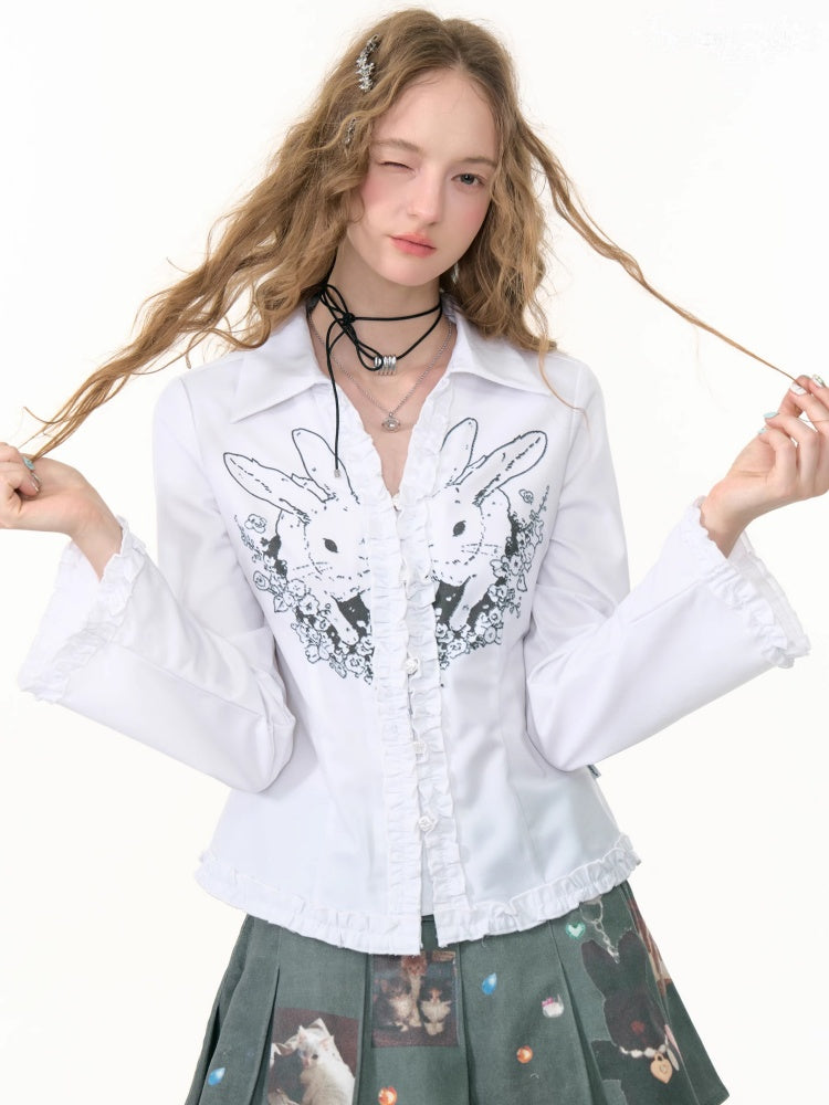Rabbit Print Slim Long Sleeve Shirt【s0000013787】