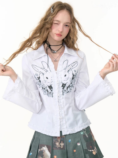 Rabbit Print Slim Long Sleeve Shirt【s0000013787】