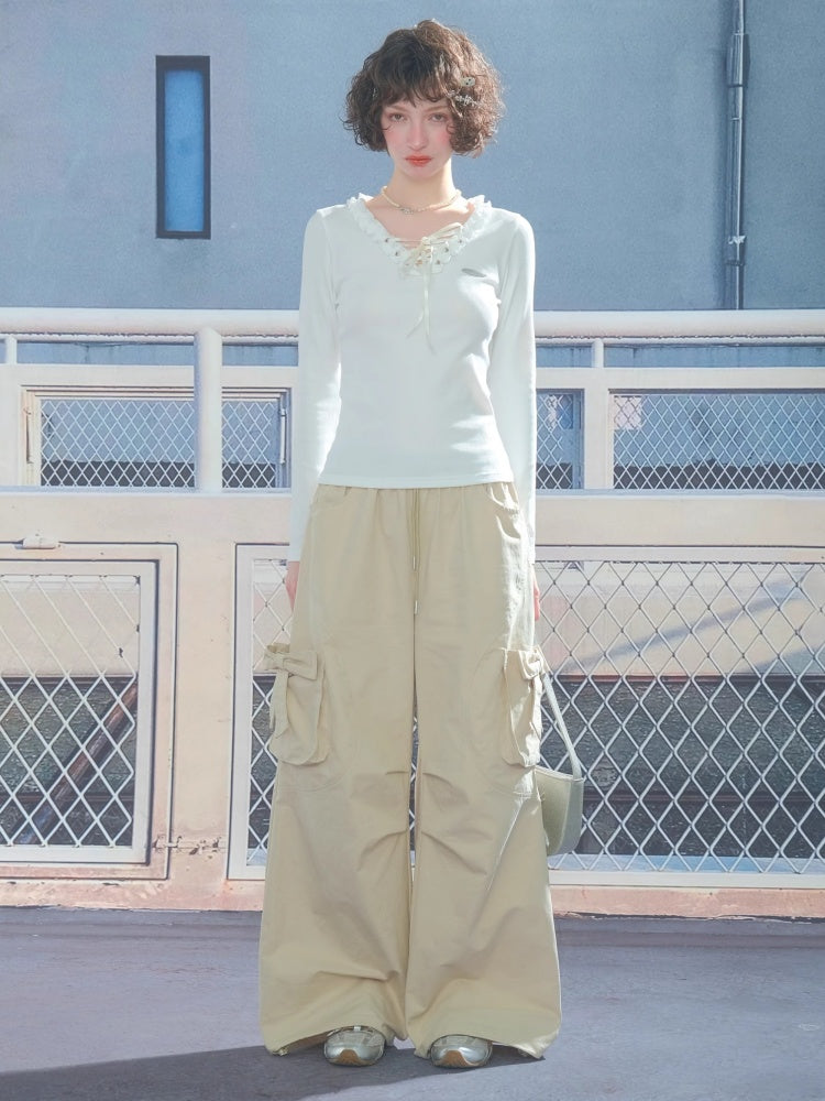 Bow Cargo Heart Drawstring Straight Wide Leg Pants【s0000013788】