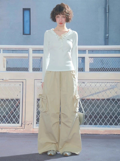 Bow Cargo Heart Drawstring Straight Wide Leg Pants【s0000013788】