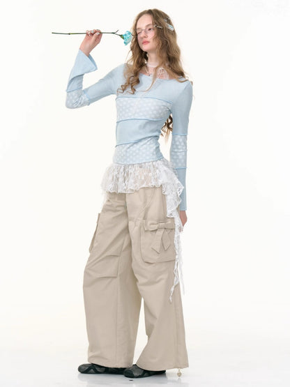Bow Cargo Heart Drawstring Straight Wide Leg Pants【s0000013788】