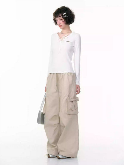 Bow Cargo Heart Drawstring Straight Wide Leg Pants【s0000013788】