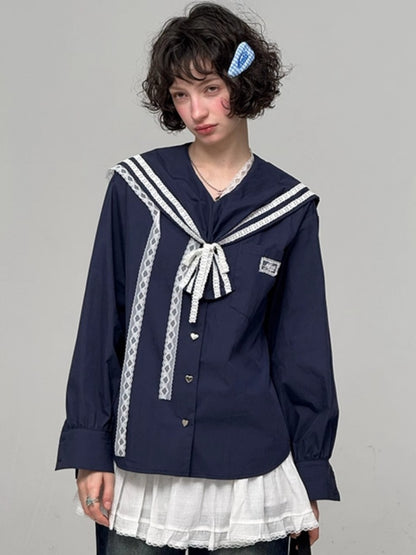 Preppy Style Sailor collar Lace Belt Long Sleeve Shirt【s0000013789】