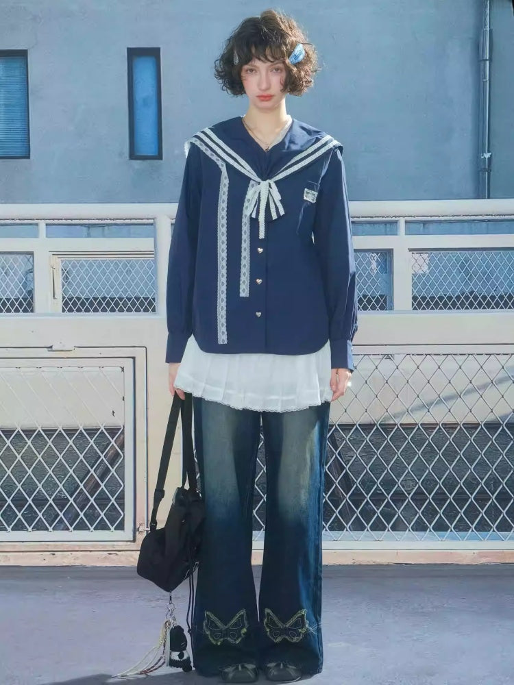 Preppy Style Sailor collar Lace Belt Long Sleeve Shirt【s0000013789】