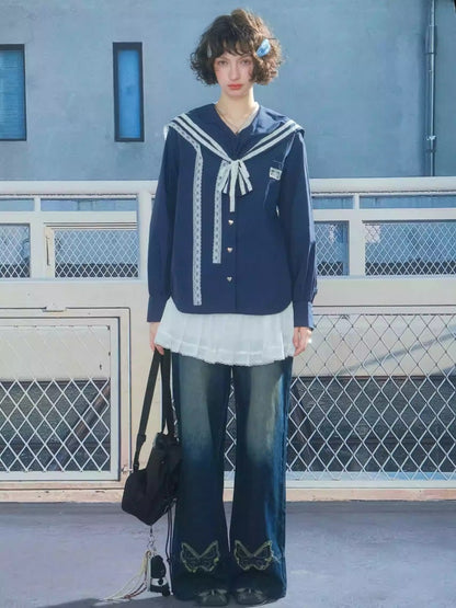 Preppy Style Sailor collar Lace Belt Long Sleeve Shirt【s0000013789】