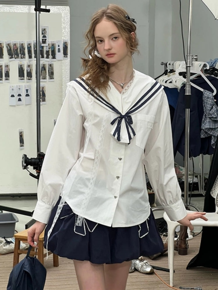 Preppy Style Sailor collar Lace Belt Long Sleeve Shirt【s0000013789】