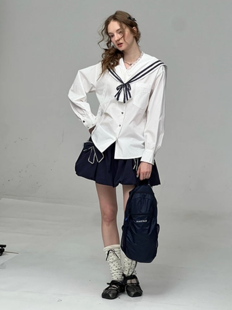 Preppy Style Sailor collar Lace Belt Long Sleeve Shirt【s0000013789】