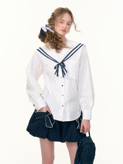 Preppy Style Sailor collar Lace Belt Long Sleeve Shirt【s0000013789】