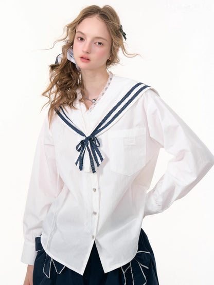 Preppy Style Sailor collar Lace Belt Long Sleeve Shirt【s0000013789】