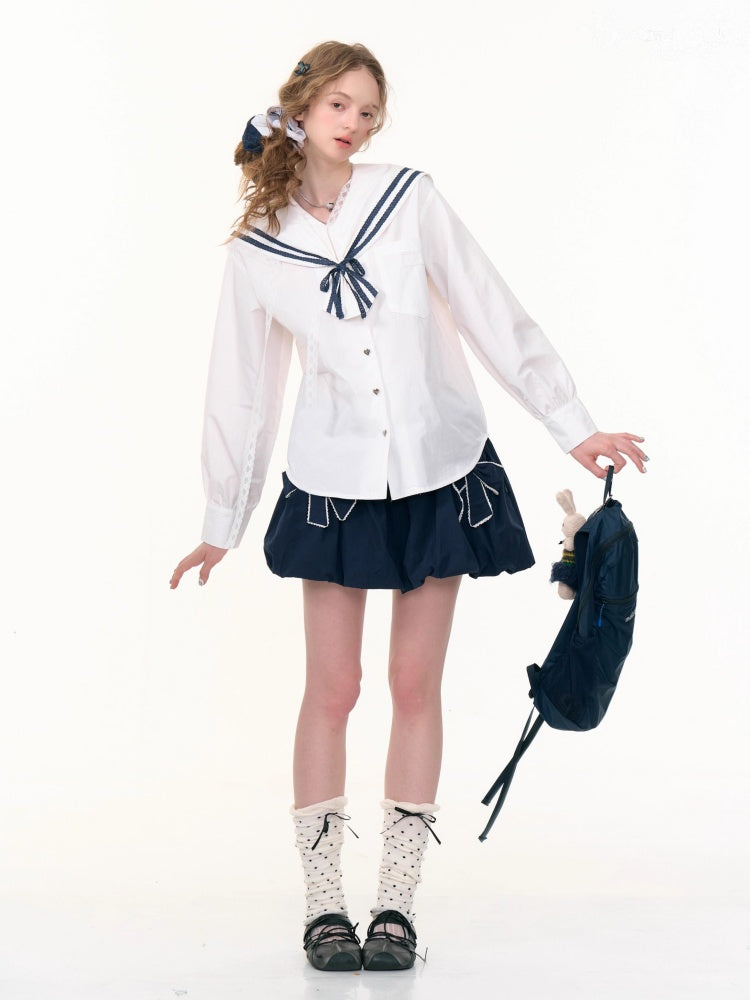 Preppy Style Sailor collar Lace Belt Long Sleeve Shirt【s0000013789】