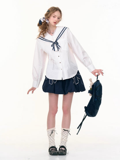 Preppy Style Sailor collar Lace Belt Long Sleeve Shirt【s0000013789】