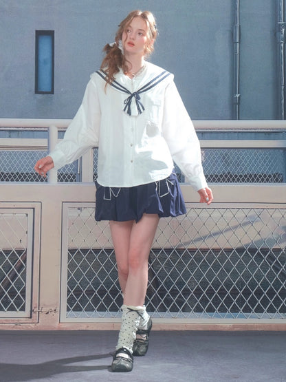 Preppy Style Sailor collar Lace Belt Long Sleeve Shirt【s0000013789】