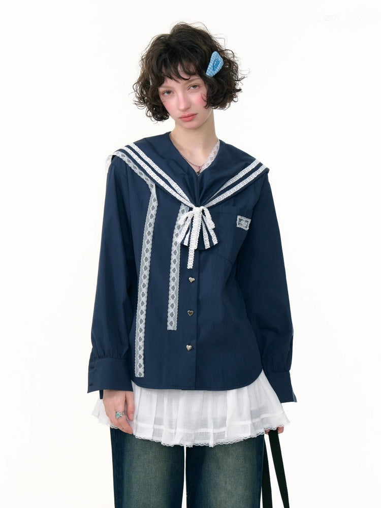 Preppy Style Sailor collar Lace Belt Long Sleeve Shirt【s0000013789】