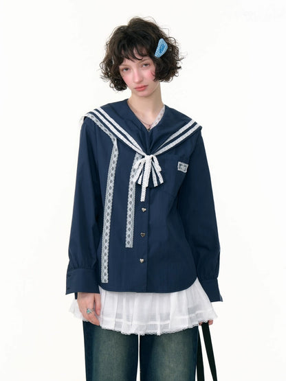 Preppy Style Sailor collar Lace Belt Long Sleeve Shirt【s0000013789】