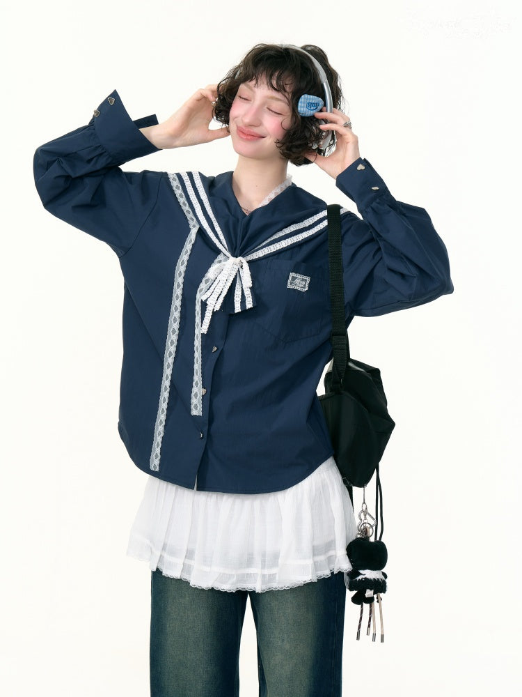 Preppy Style Sailor collar Lace Belt Long Sleeve Shirt【s0000013789】