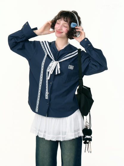 Preppy Style Sailor collar Lace Belt Long Sleeve Shirt【s0000013789】