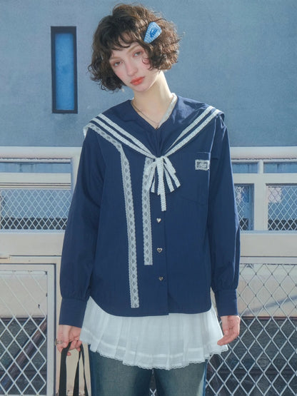 Preppy Style Sailor collar Lace Belt Long Sleeve Shirt【s0000013789】