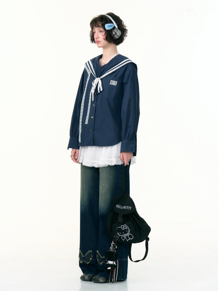 Preppy Style Sailor collar Lace Belt Long Sleeve Shirt【s0000013789】