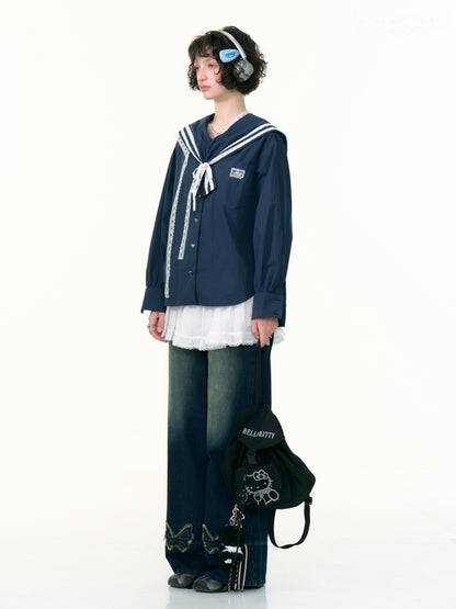 Preppy Style Sailor collar Lace Belt Long Sleeve Shirt【s0000013789】