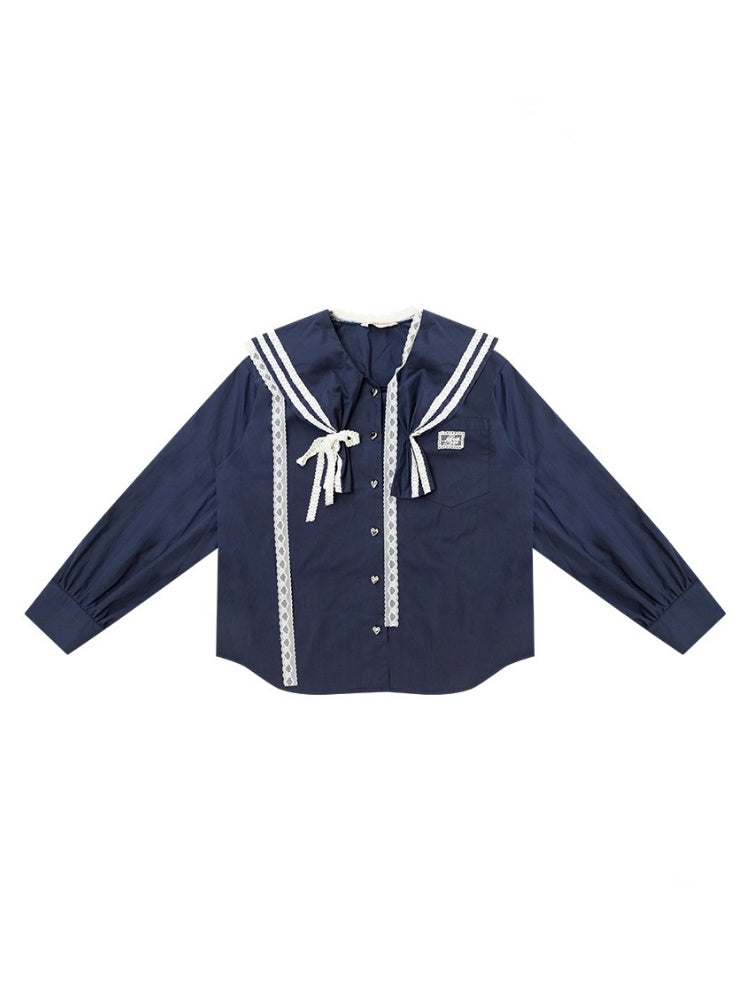 Preppy Style Sailor collar Lace Belt Long Sleeve Shirt【s0000013789】