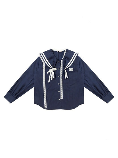 Preppy Style Sailor collar Lace Belt Long Sleeve Shirt【s0000013789】