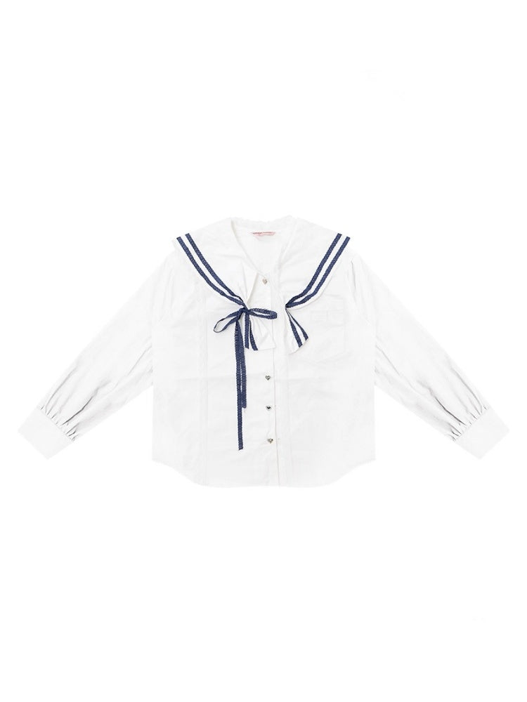 Preppy Style Sailor collar Lace Belt Long Sleeve Shirt【s0000013789】