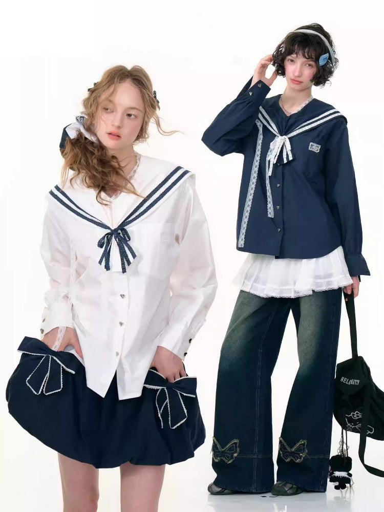 Preppy Style Sailor collar Lace Belt Long Sleeve Shirt【s0000013789】