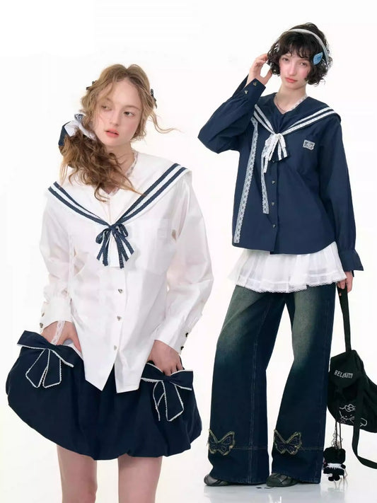 Preppy Style Sailor collar Lace Belt Long Sleeve Shirt【s0000013789】