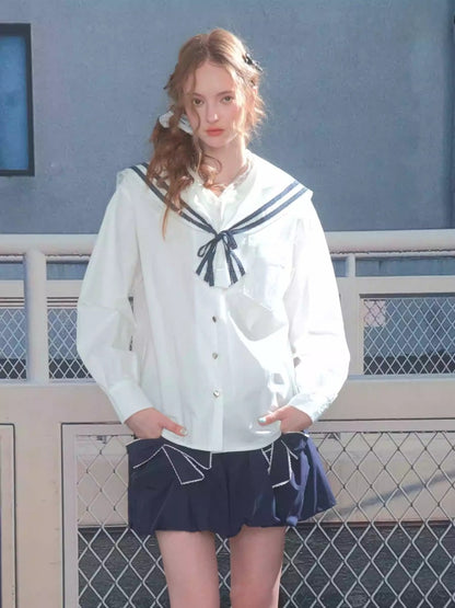 Preppy Style Sailor collar Lace Belt Long Sleeve Shirt【s0000013789】