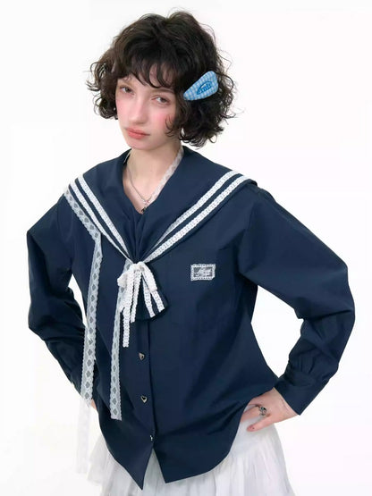 Preppy Style Sailor collar Lace Belt Long Sleeve Shirt【s0000013789】