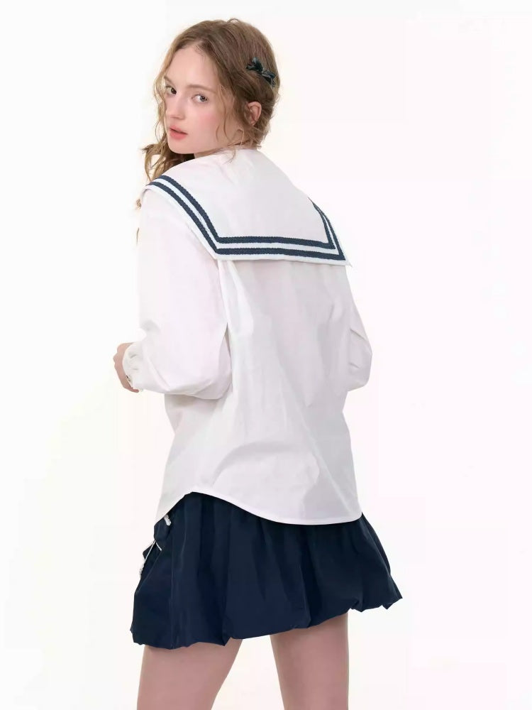 Preppy Style Sailor collar Lace Belt Long Sleeve Shirt【s0000013789】