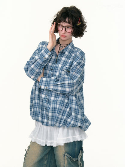 Plaid Ribbon Patch Pocket Long Sleeve Shirt【s0000013790】