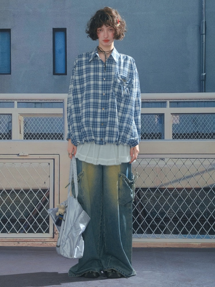 Plaid Ribbon Patch Pocket Long Sleeve Shirt【s0000013790】
