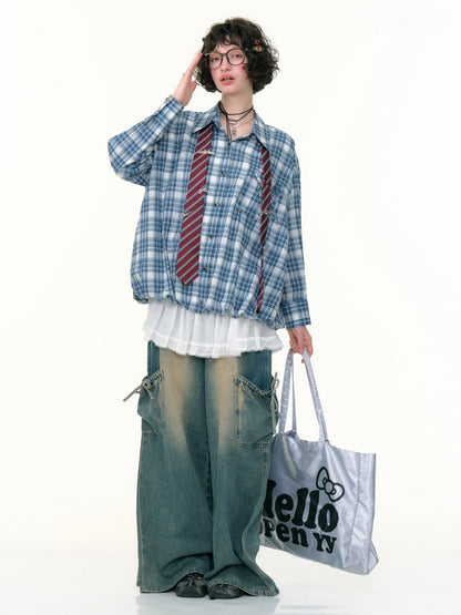 Plaid Ribbon Patch Pocket Long Sleeve Shirt【s0000013790】