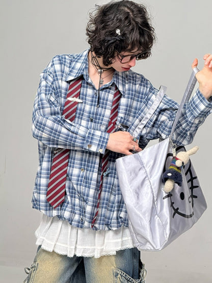 Plaid Ribbon Patch Pocket Long Sleeve Shirt【s0000013790】