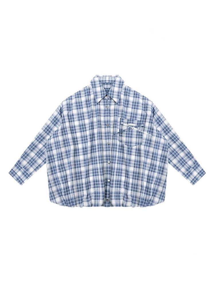 Plaid Ribbon Patch Pocket Long Sleeve Shirt【s0000013790】