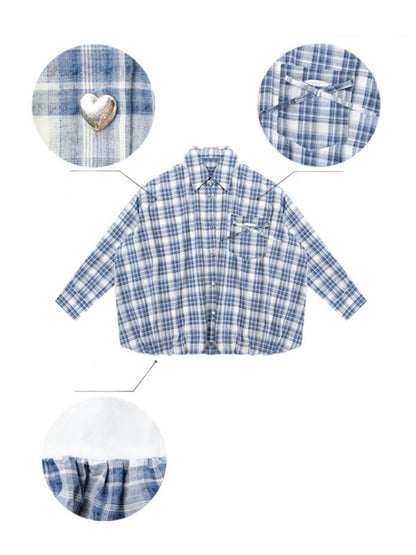 Plaid Ribbon Patch Pocket Long Sleeve Shirt【s0000013790】