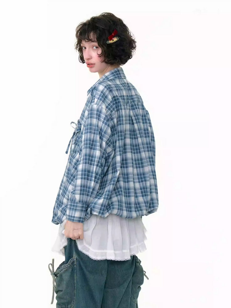 Plaid Ribbon Patch Pocket Long Sleeve Shirt【s0000013790】