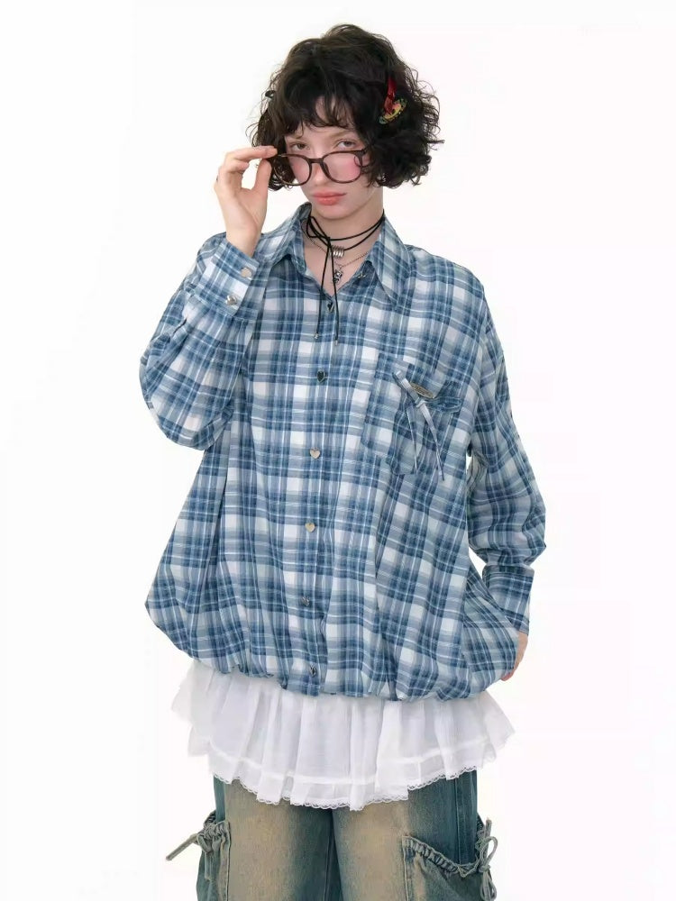 Plaid Ribbon Patch Pocket Long Sleeve Shirt【s0000013790】