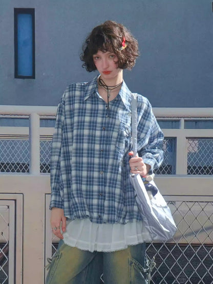Plaid Ribbon Patch Pocket Long Sleeve Shirt【s0000013790】