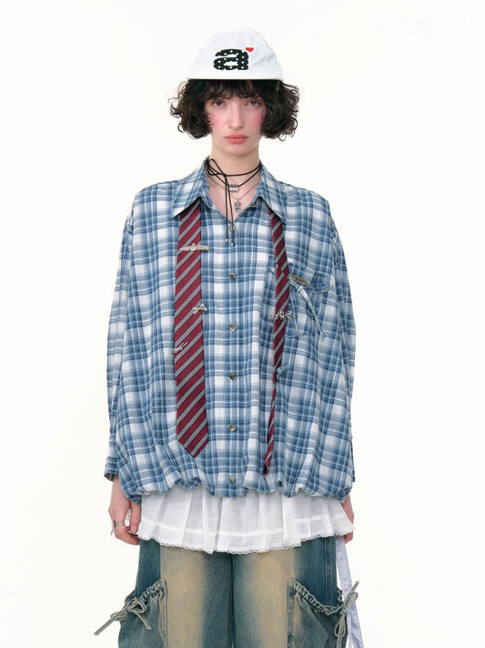 Plaid Ribbon Patch Pocket Long Sleeve Shirt【s0000013790】