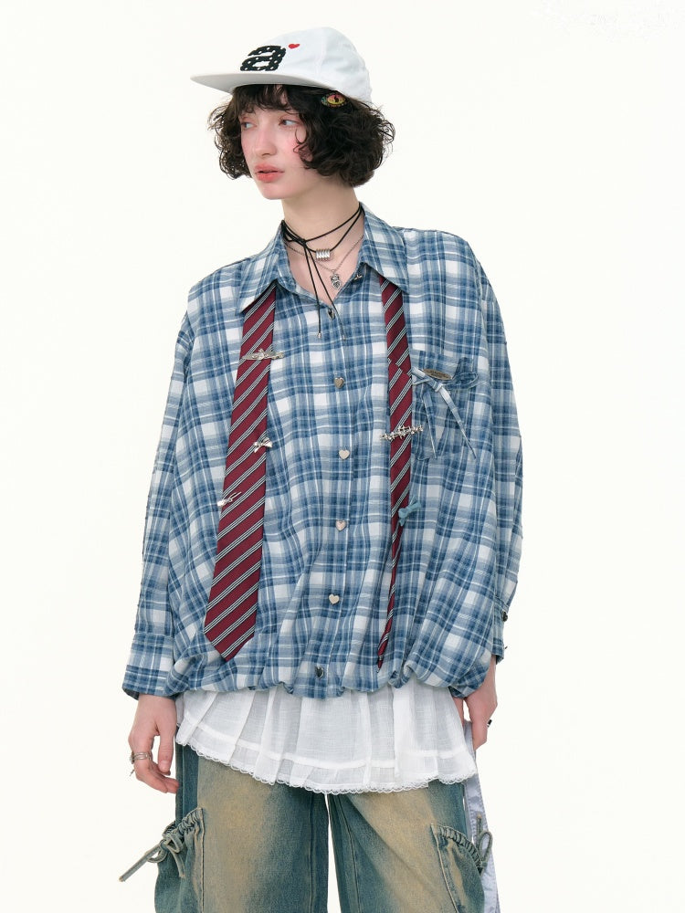 Plaid Ribbon Patch Pocket Long Sleeve Shirt【s0000013790】