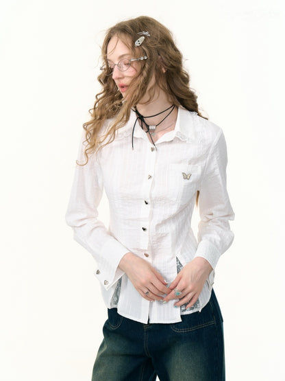 Spliced Lace Slim Long Sleeve Shirt【s0000013791】
