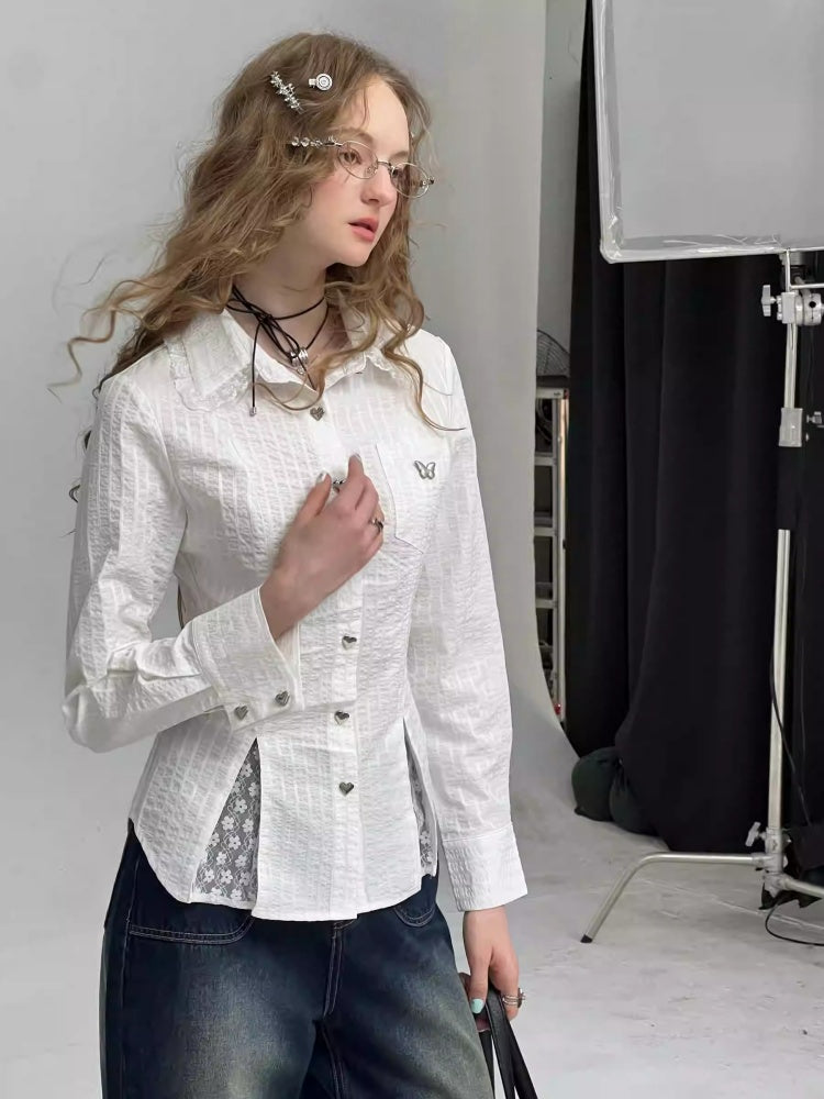 Spliced Lace Slim Long Sleeve Shirt【s0000013791】