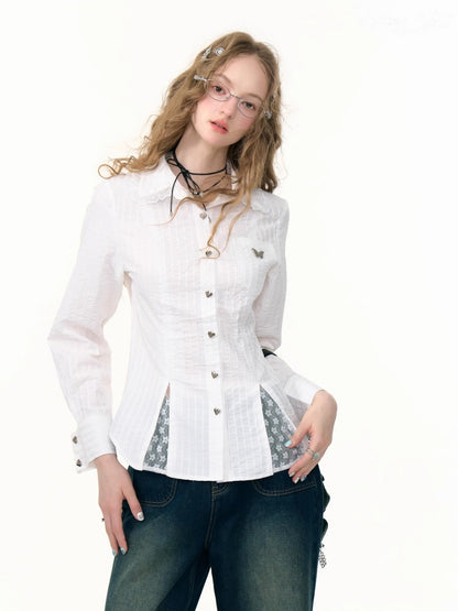 Spliced Lace Slim Long Sleeve Shirt【s0000013791】