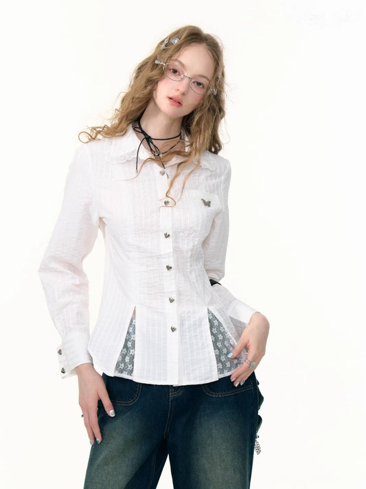 Spliced Lace Slim Long Sleeve Shirt【s0000013791】