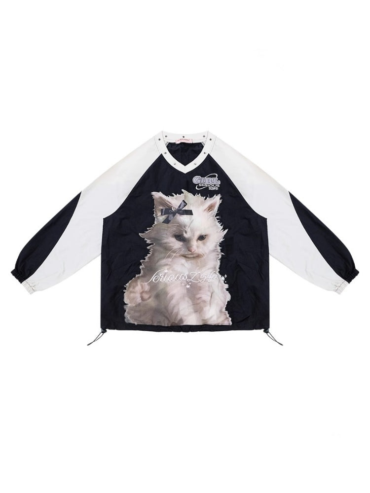Cat Print Sporty Style Contrast V-Neck Sweatshirt【s0000013792】