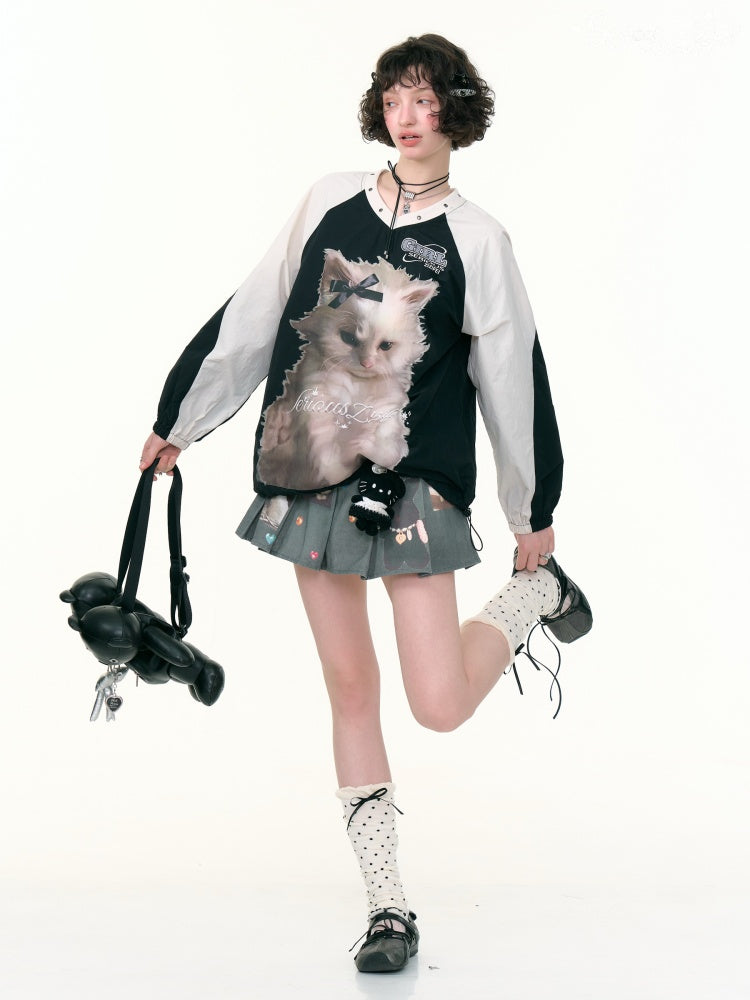 Cat Print Sporty Style Contrast V-Neck Sweatshirt【s0000013792】