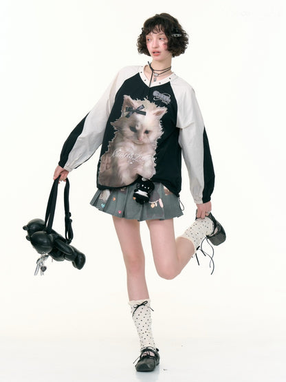 Cat Print Sporty Style Contrast V-Neck Sweatshirt【s0000013792】